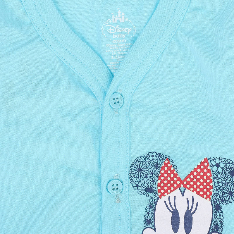 Light blue baby cardigan with floral Minnie Mouse print and red polka dot bow, front buttons