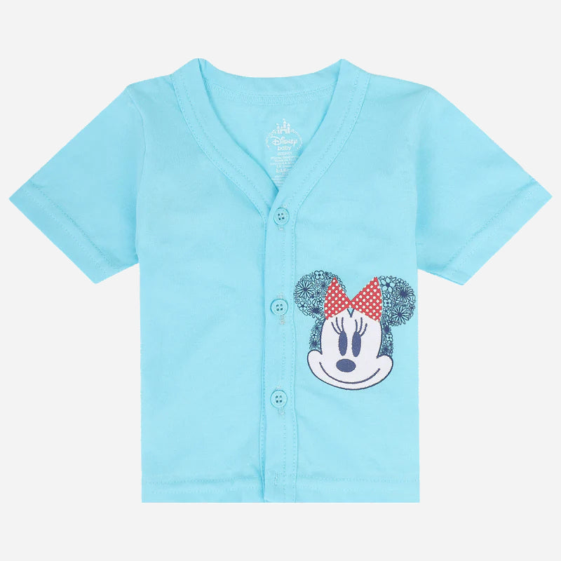 Light blue short sleeve kids button-up shirt with Minnie Mouse cartoon print on front