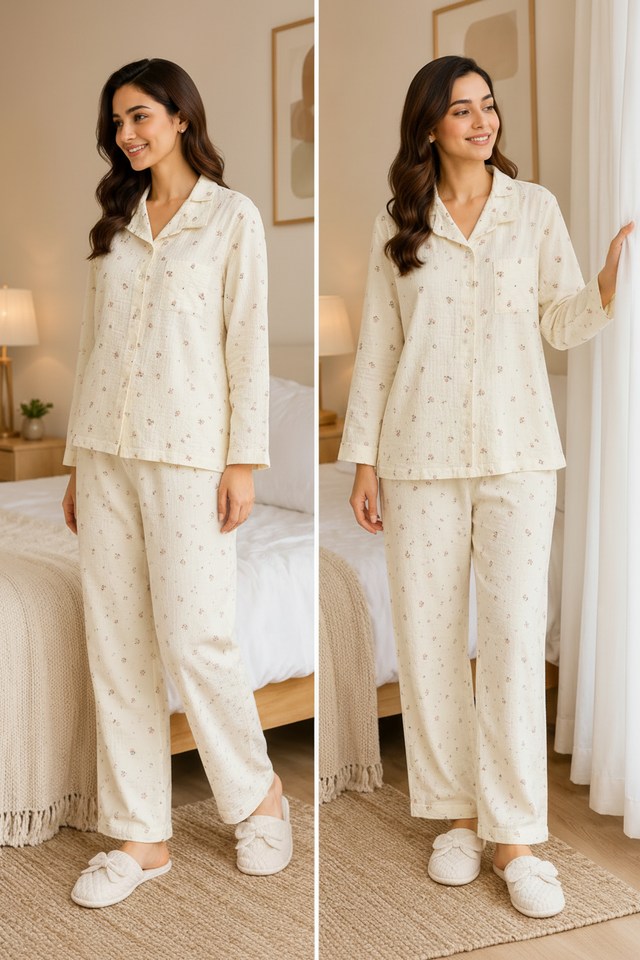 Women Printed Muslin Night Suit Set for Comfortable Sleepwear, Lounge Wear and Everyday Nightwear Use