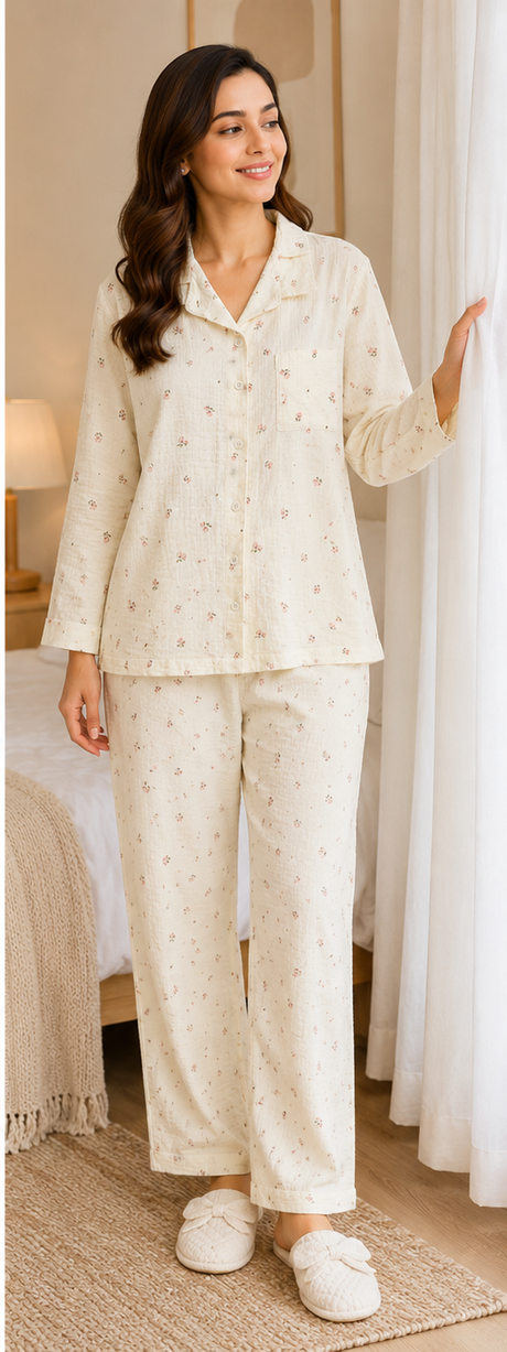 Bodycomfy Women's Printed Muslin Night Suit - Irish Cream With Flowers
