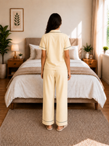 Bodycomfy Women Irish Cream 100% Cotton Collared Half Sleeve Night Suit with Solid Styling for Sleepwear and Relaxed Everyday Comfort