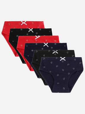 Set of six kids' cotton briefs in red, black, and navy with heart and star prints