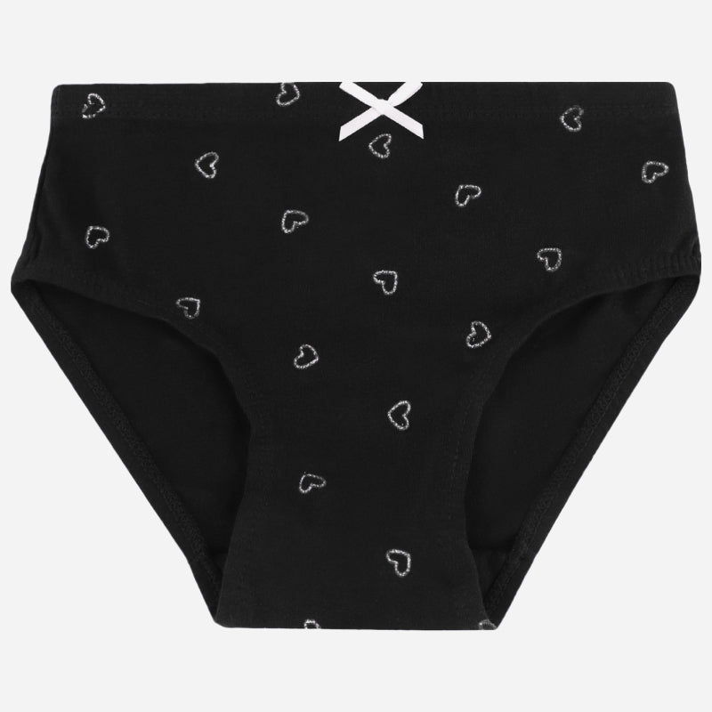 Black girls' cotton brief with small white heart prints and a white bow on waistband
