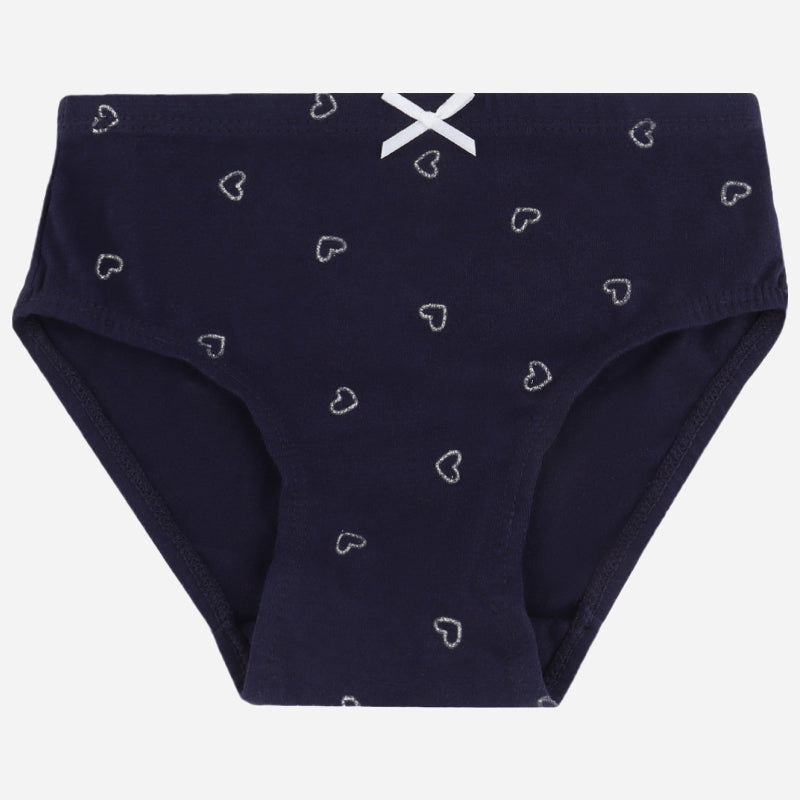 Navy blue kids underwear with small white heart prints and a front bow detail