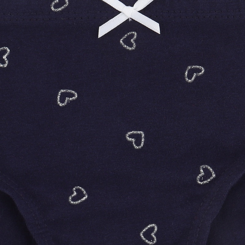 Navy blue kids underwear with silver heart patterns and white bow detail
