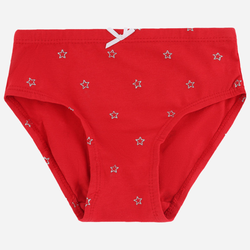 Red kids brief with white star print and small bow, soft cotton innerwear for children