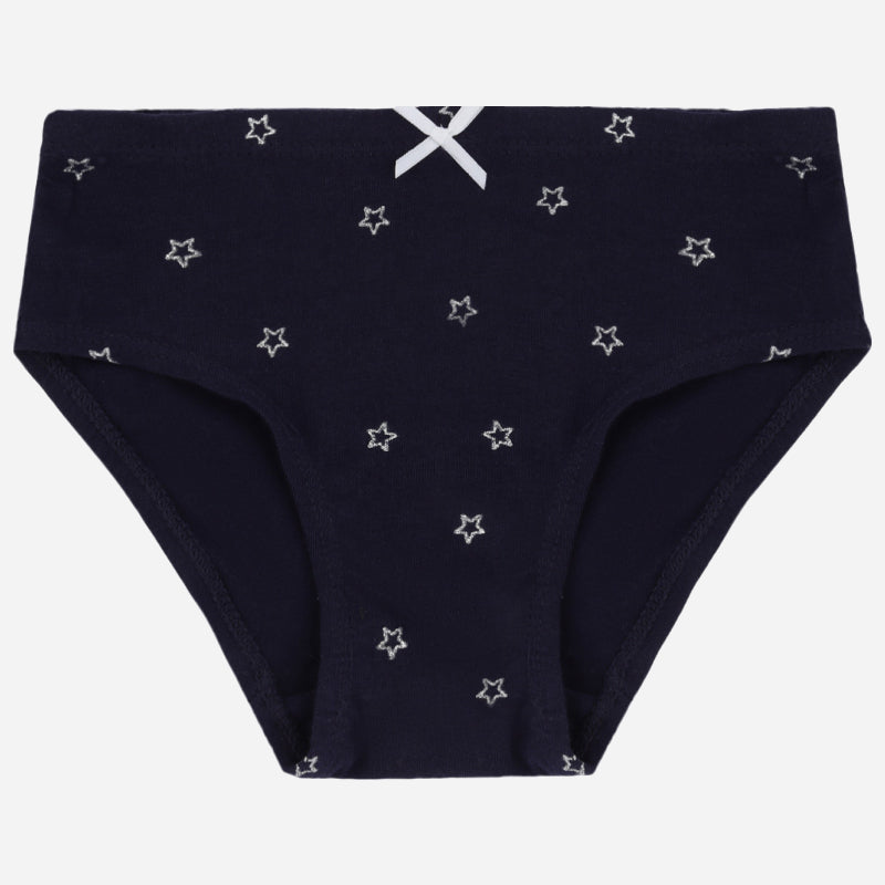 Navy blue kids underwear with white star pattern and front bow, soft cotton innerwear.