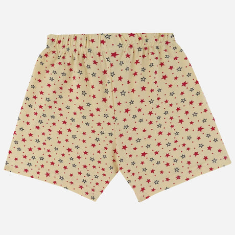Kids beige shorts with red and black star print, soft elastic waistband, comfortable innerwear