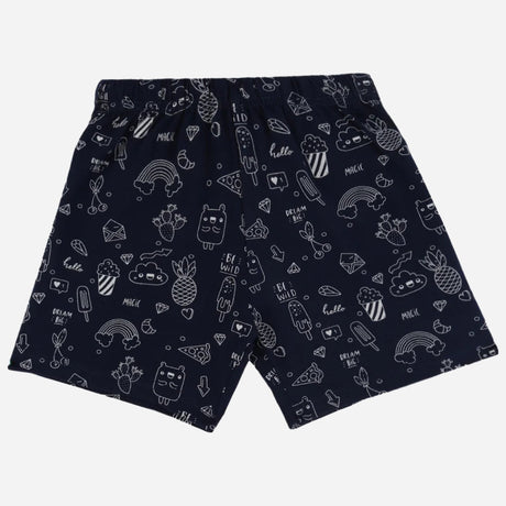 Navy blue kids' shorts with white cartoon prints, elastic waistband, comfortable innerwear.
