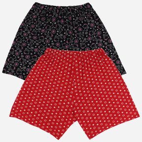 Kids innerwear shorts multipack, one black with floral print, one red with polka dots