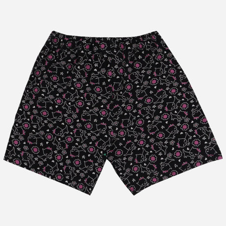 Black kids shorts with pink floral cartoon print, comfortable elastic waistband