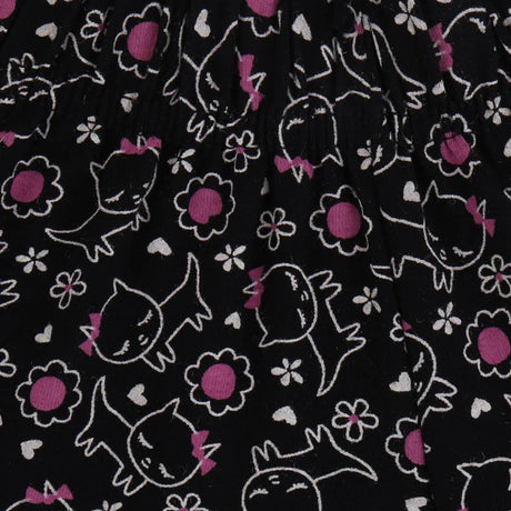 Black fabric with white outlined cat and flower prints, accented by pink bows and centers
