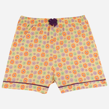 Kids yellow floral print shorts with purple bow and elastic waistband