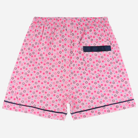 Pink kids shorts with colorful star print, elastic waistband, back pocket, and navy trim