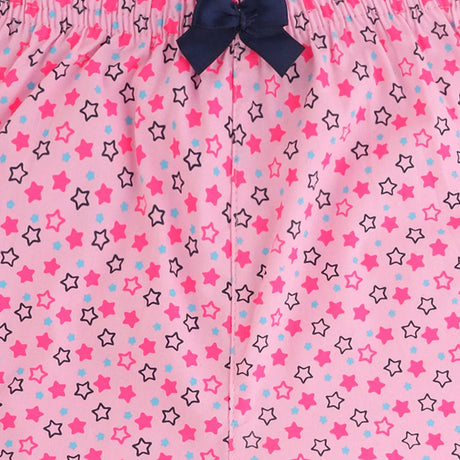 Pink kids innerwear with multicolored star print and navy blue bow detail at waistband