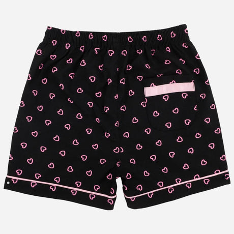Black kids' shorts with pink heart print, elastic waistband, and pocket on the back