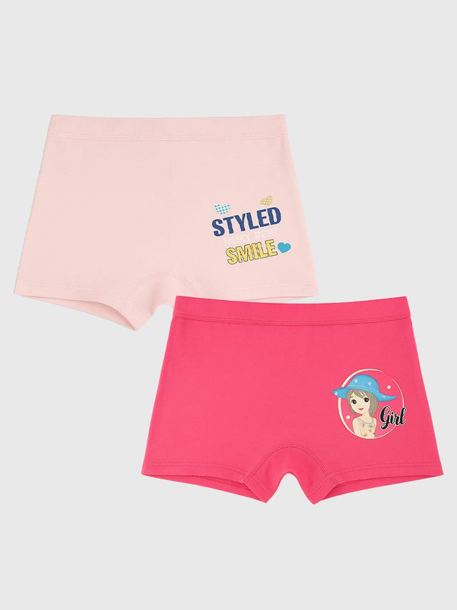 Girls' pink and red innerwear shorts multipack with smile and girl graphics