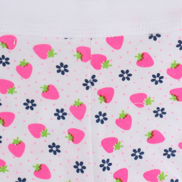 Kids innerwear fabric with pink strawberry and blue flower print on white background