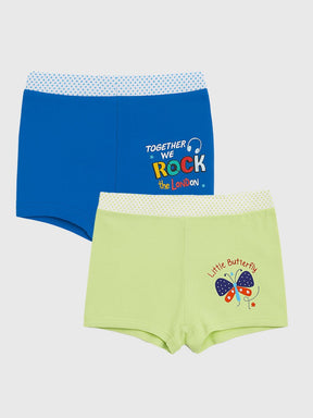 Set of kids innerwear boxer briefs in blue and green with playful prints and polka dot waistbands
