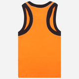 Kids orange sleeveless vest with black trim, soft cotton innerwear, back view
