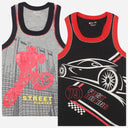 Kids sleeveless vests pack, one with BMX bike graphic and another with car racing print
