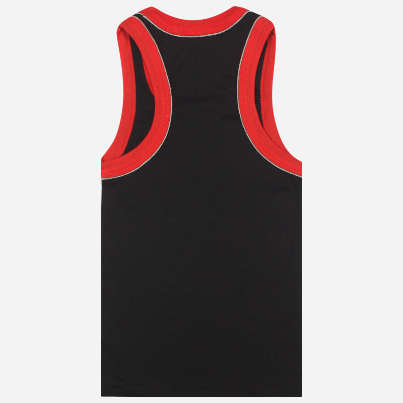 Kids black sleeveless vest with red piping, soft cotton innerwear, back view