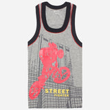 Kids grey sleeveless vest with red BMX rider and cityscape print, Street Fighter text