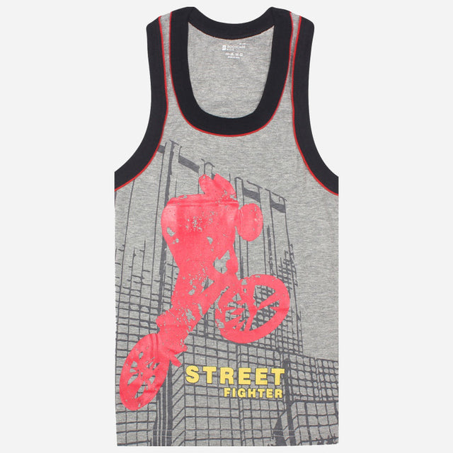 Kids grey sleeveless vest with red BMX rider and cityscape print, Street Fighter text