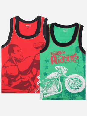 Boys sleeveless vests in red and green with graphic prints, comfortable innerwear pack