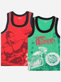 Boys sleeveless vests in red and green with graphic prints, comfortable innerwear pack