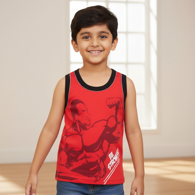 Smiling boy in red sleeveless vest with superhero print and 'Be Stronger' text, indoor setting