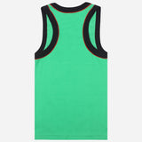 Kids green sleeveless innerwear vest with black trim and red stitching, back view