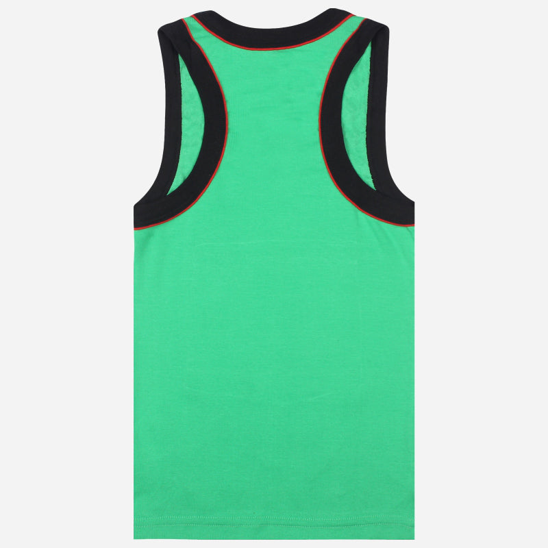 Kids green sleeveless innerwear vest with black trim and red stitching, back view