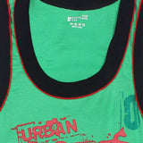 Green kids innerwear vest with black and red trim and graphic print detail
