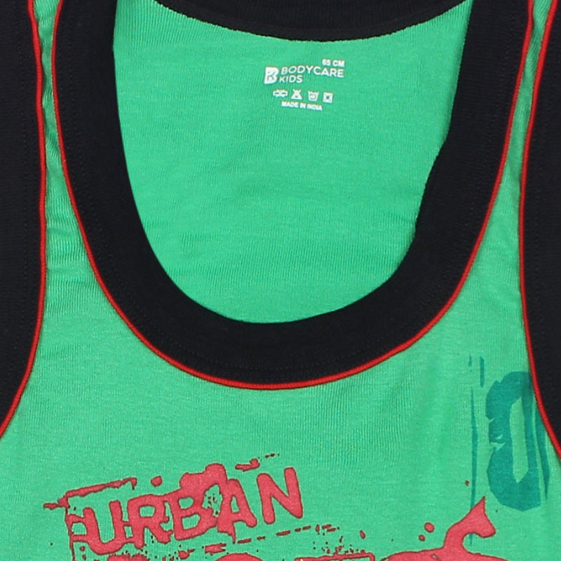 Green kids innerwear vest with black and red trim and graphic print detail