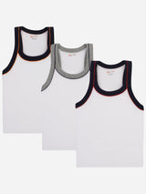 Set of three boys' sleeveless white vests with colored trim for kids innerwear multipack