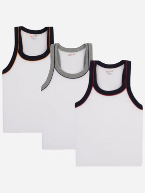 Set of three boys' sleeveless white vests with colored trim for kids innerwear multipack