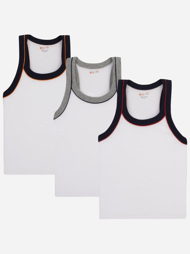 Set of three boys' sleeveless white vests with colored trim for kids innerwear multipack