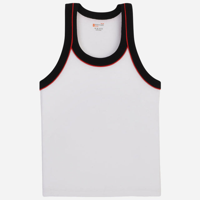 Kids white sleeveless innerwear vest with black and red trim, soft cotton fabric