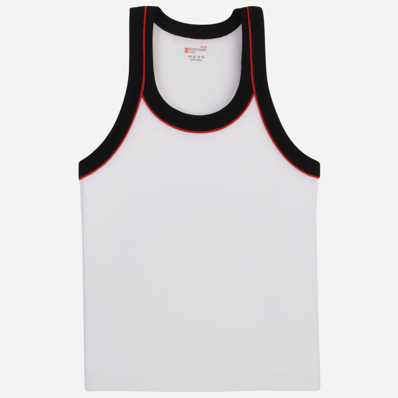 Kids white sleeveless innerwear vest with black and red trim, soft cotton fabric
