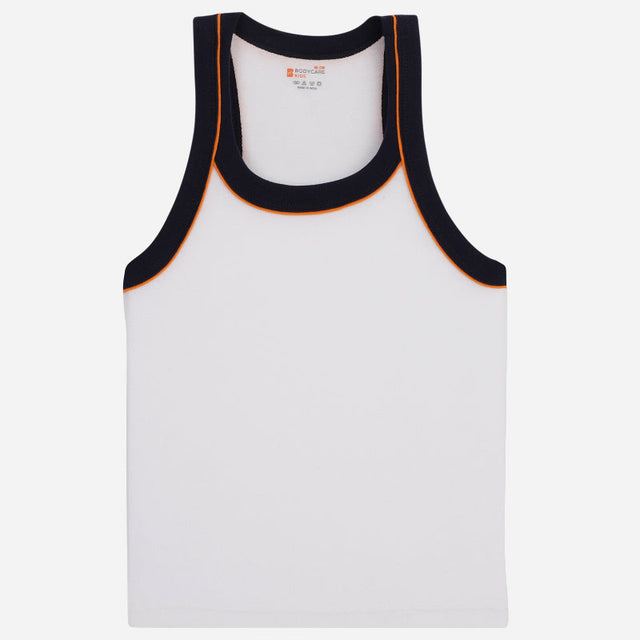 Kids white sleeveless innerwear vest with black and orange trim, soft cotton fabric