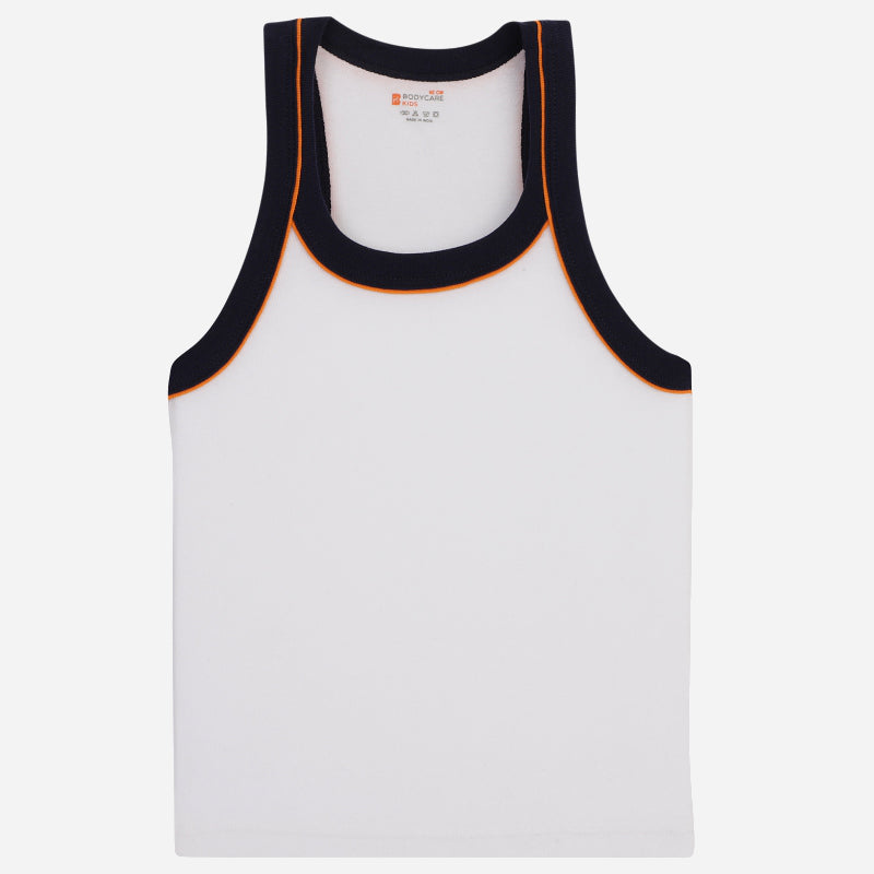 Kids white sleeveless innerwear vest with black and orange trim, soft cotton fabric