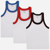 Kids sleeveless innerwear vests multipack with blue, red, and black colored necklines