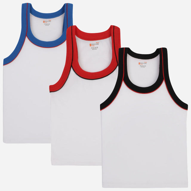 Kids sleeveless innerwear vests multipack with blue, red, and black colored necklines