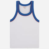 Kids white cotton sleeveless vest with blue neckline and armhole trim, front view