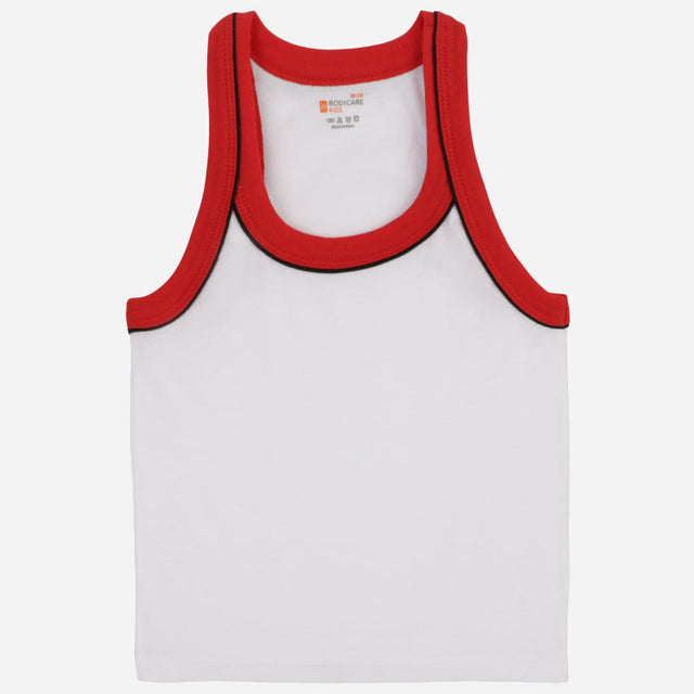 Kids sleeveless white innerwear vest with red neckline and armhole, soft cotton.