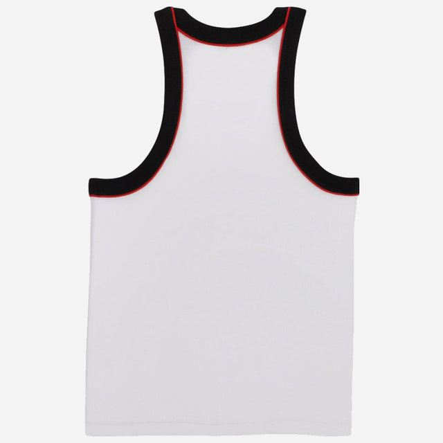 Kids white sleeveless vest with black and red trim, comfortable innerwear, back view