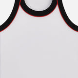 White kids sleeveless innerwear with black and red trim on neckline and armhole