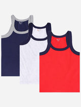 Kids sleeveless vest multipack in navy, grey, and red with contrast trims