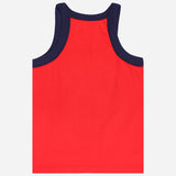 Kids red sleeveless innerwear vest with navy blue trim, soft cotton fabric